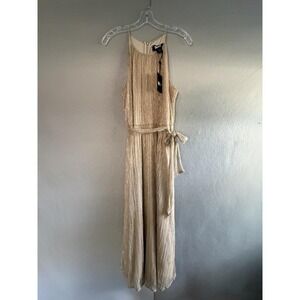 DKNY Dress Womens 8 Gold Pleated Halter Maxi Lined Metallic Formal Gown Wedding